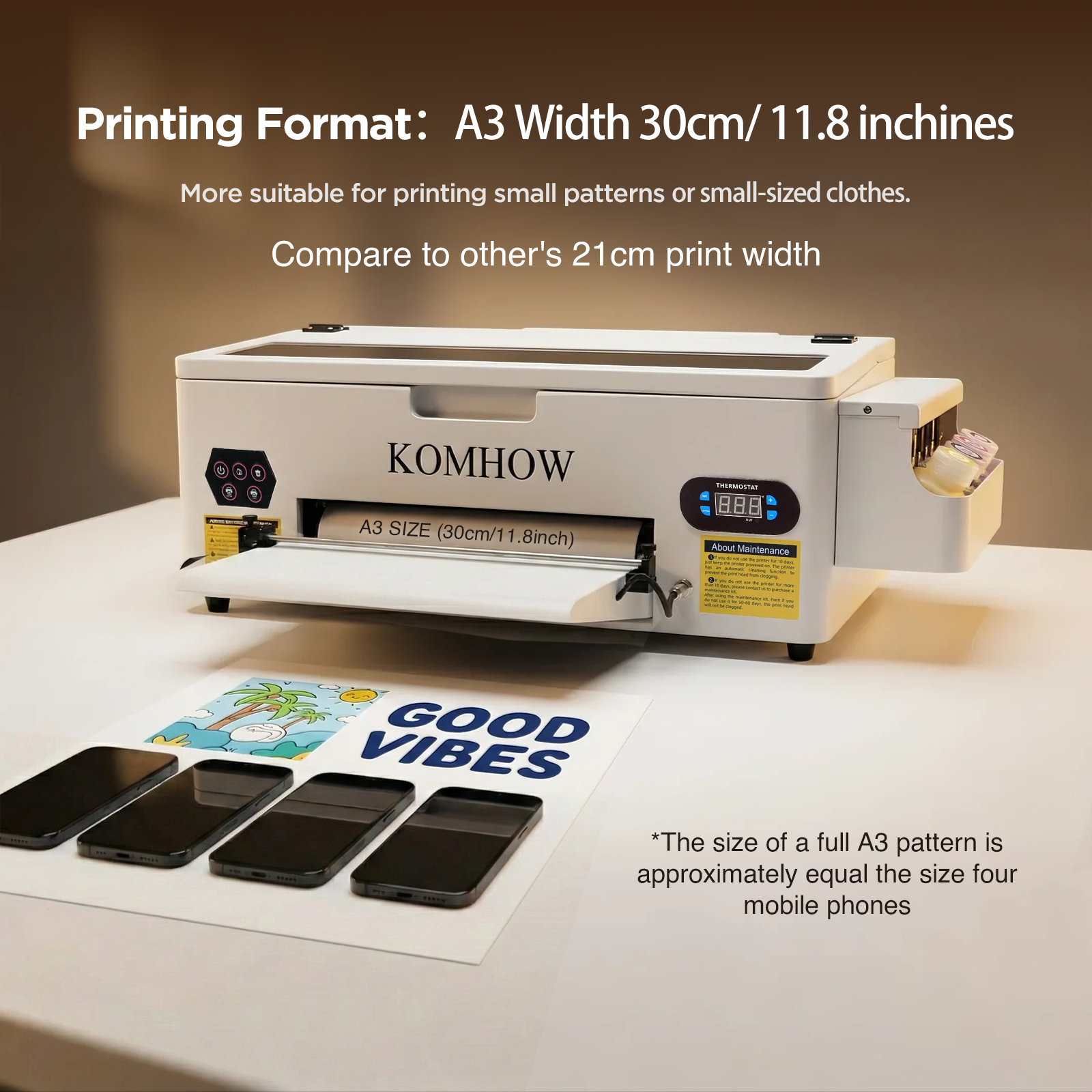 KOMHOW DTF Printer A3 size comparison with mobile phones