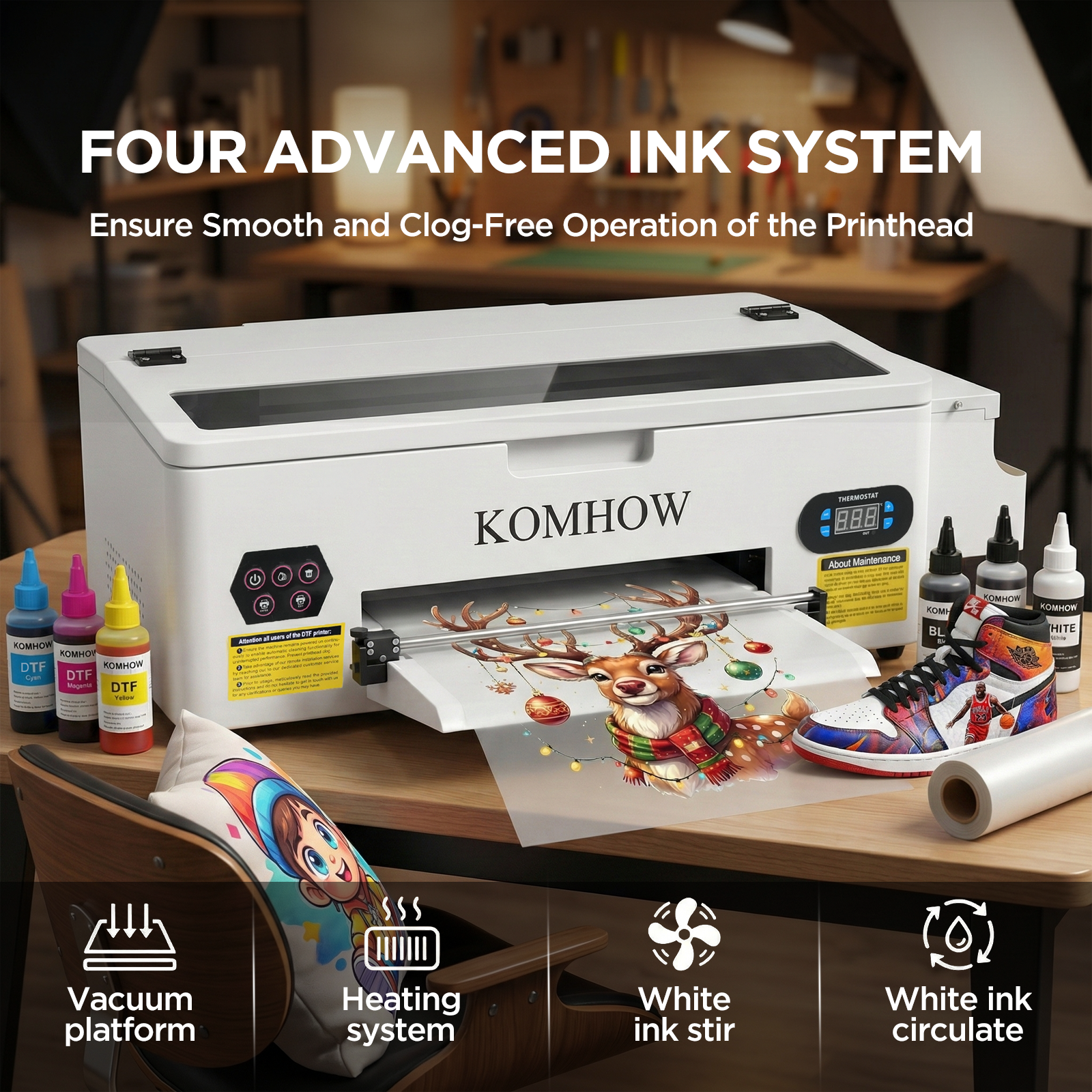 KOMHOW DTF Printer with four advanced ink system showing colorful prints